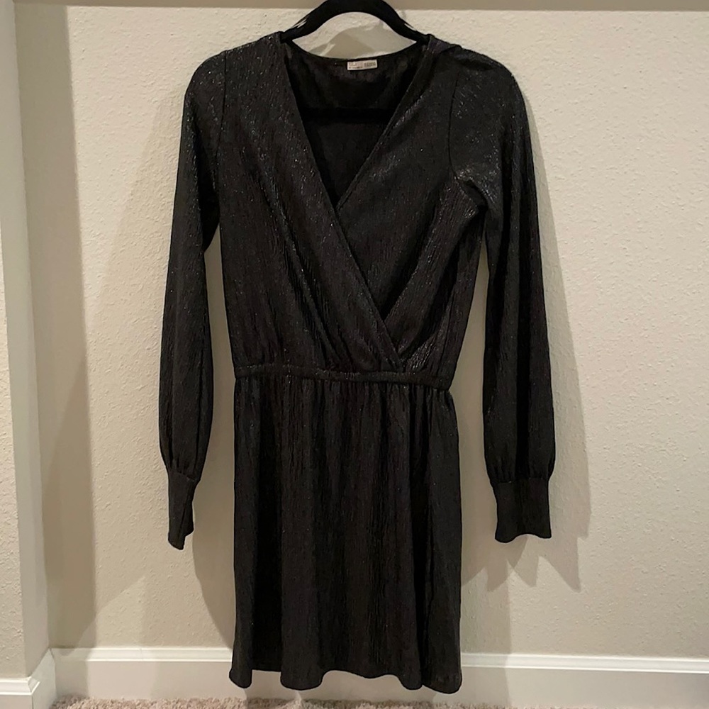 ZARA, shimmery black, V Neck, long sleeve dress